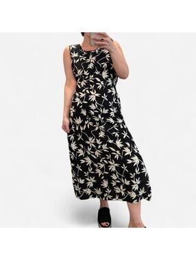 Vintage 90s Black Floral Midi Dress White Leaf Print Tie Back